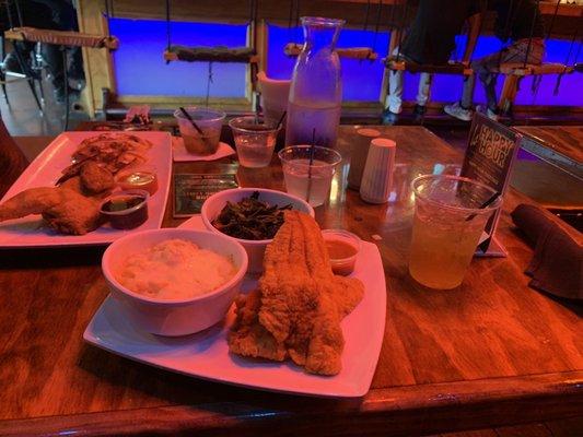 Fried Catfish with Seafood Mac and Smoked Turkey Collard Greens