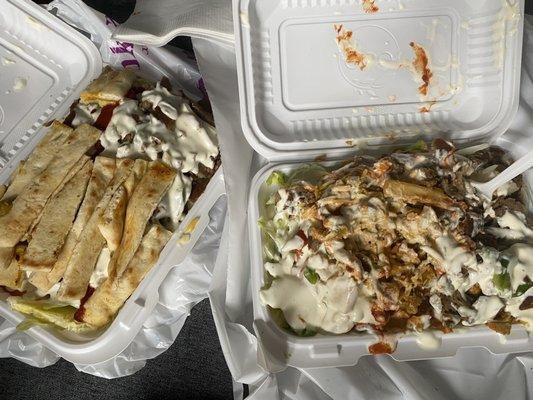 Lamb over rice (left)  Mix over rice (right)