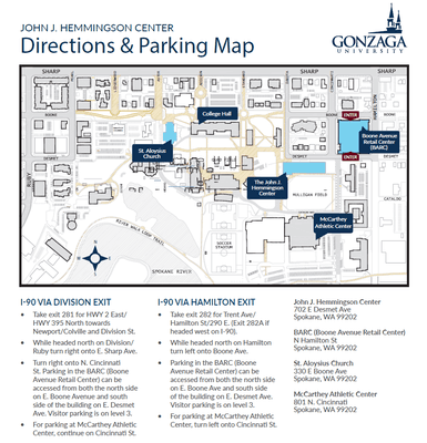 Directions and parking map to McCarthey Athletic Center (MAC) for Zags home games.