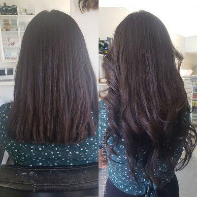 Microbead human hair extensions done for this lovely girl,  using 1 1/2 pack of 18inch hair extensions