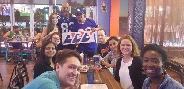 This was a viewing party at 123BSB in Harlem NY. The guy standing in the back in the Giants Jersey is Super Bowl Champion XXV Odessa Tuner!