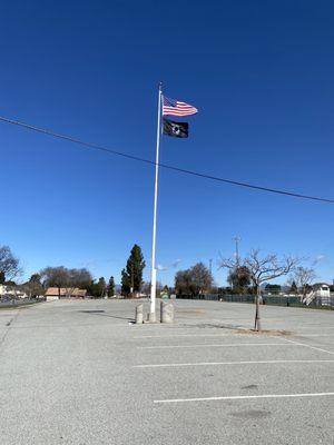 American flag and Prisoner of War/Missing in Action Flag at the Veterans Memorial Sports Complex.