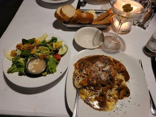 Chicken marsala, salad with Italian blue cheese dressing