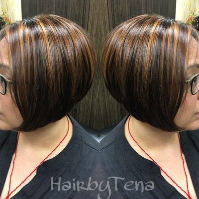 Added some caramel highlights and gave her a swing Bob cut style.