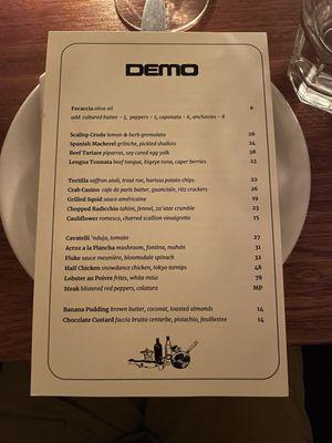 Dinner menu