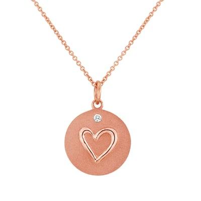 Rose gold disc pendant with engraved heart and diamond. Other symbols available