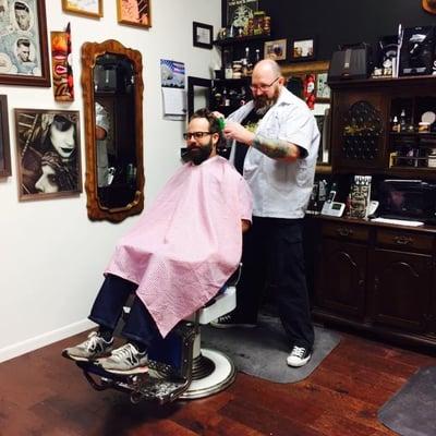 Barber Derek cleaning up the founder of Project LOOP. True Barbershop action.