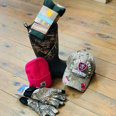 We offer Carhartt and Browning camo clothing and MUCK boots.