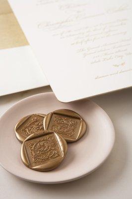 Klomp Wedding - foil stamping, custom wax seals, gilded edges, and rounded corners.