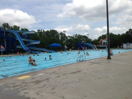 Slides into the main pool and diving area