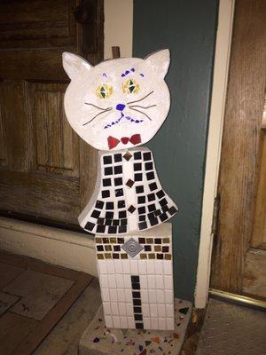 Mosaic Cat Statue by front door