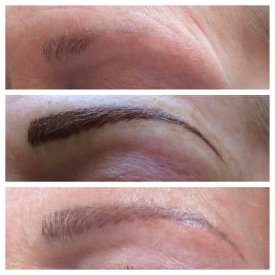 Semi Permanent Makeup Hair Stroke Eyebrows Before, Immediately After, and Healed