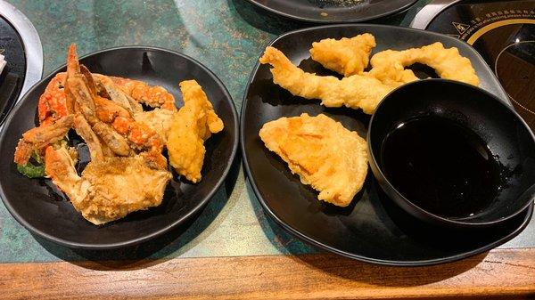 Fried crab and fish (left) and tempura (calimari, shrimp, fish, and sweet potato slice) (right)