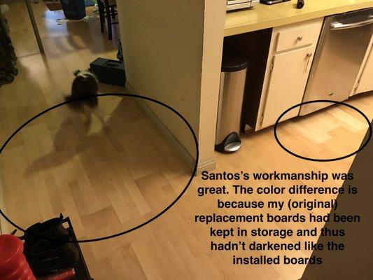 Santos's guy expertly repaired my floor boards. The color difference is because my (original) replacement boards didn't darken in storage