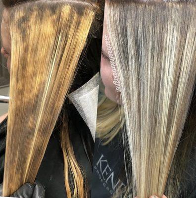 At home bleach process gone wrong. 7 hours later, she went home with even colored and healthy beautiful hair.