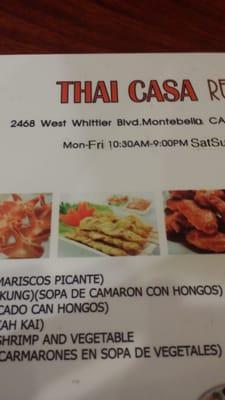 The Menu at Thai casa