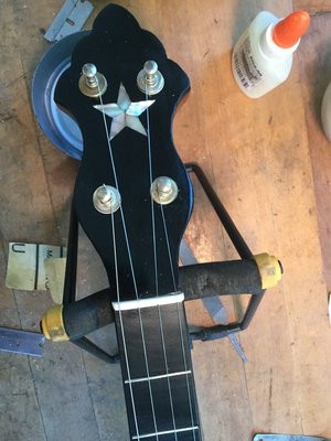 Inlay on a banjo head. Replaced tuners.