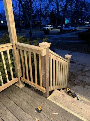 Customers porch and step repair. He insisted on using a couple warped banisters they had so we made the best of the project .