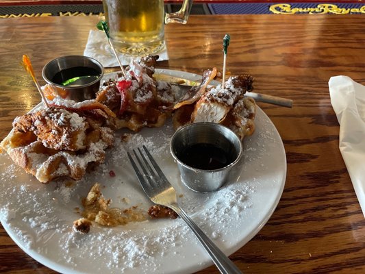 Chicken and Waffles at Heartland. Best decision I've made all day!  Stupid good!  Service is great and place is clean and friendly.