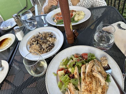 Grilled chicken salad, mushroom risotto, tilapia entree