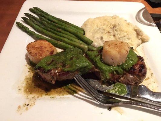 Steak with the best chimichurri sauce awesome asparagus and sea scallops to top it all off.