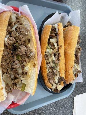 1-8" Cheesesteak and 1- 16" cheesesteak with onions, peppers and mushrooms.