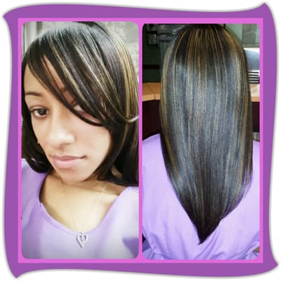 Golden Blonde highlights and side swoop bangs done by Agueda.