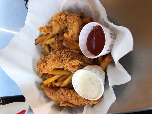 Chicken strips and fries. They're so good, you don't have to be a kid to enjoy them.