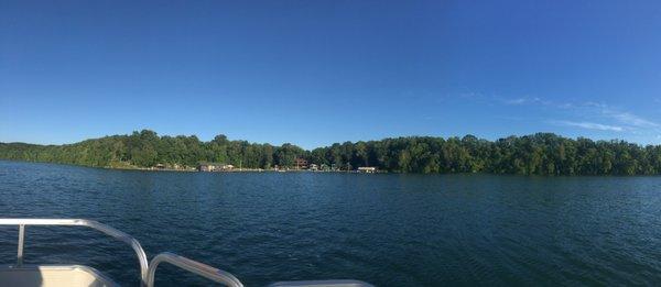 View from our pontoon of the private beachfront resort nestled into the forest