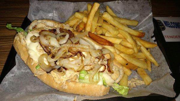 Chicken cheese steak with fries (lettuce, provolone and fried onions)