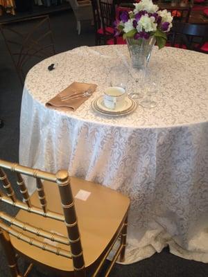 At the Dulles Showroom we were able to lay out the table cloth we selected and see how it looked with china, chairs, etc.