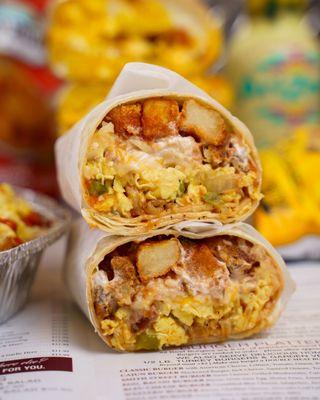 Egg Burrito- Stuffed with peppers, onions, tomatoes, assorted cheese, bacon, potatoes, salsa, and sour cream