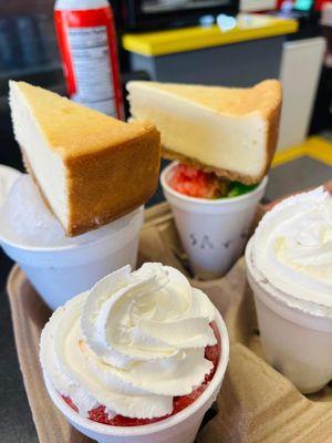 Snowcones with whipped cream and cheesecake