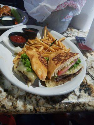 Stadium burger with pepper jack on jalapeno bun.  Not bad at all.