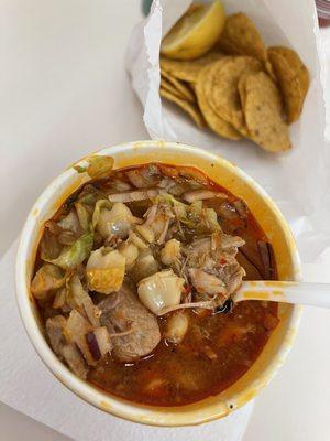 Thursday Special: Red pork pozole with a side of chips A must try!