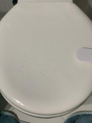 Left cleaning product stains on white toilet lid.