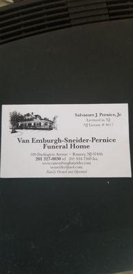 Located in the town of Ramsey, NJ. They have caskets in a showroom.  Salvatore handled EVERYTHING! Paper work and the like.