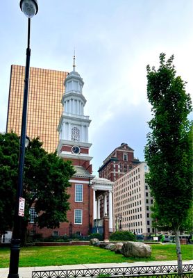 Side view of the steeple near the rock garden