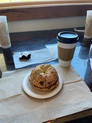 Perfect pre-Apple picking breakfast: Everything Bagel with a (real fried) egg and ham A medium dark roast coffee A chocolate crinkle cookie