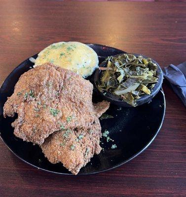 Catfish, Greens and Dressing with gravy on top