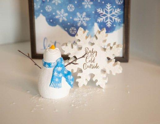 Happy Snowman.  Hand-poured in white concrete and hand-painted.