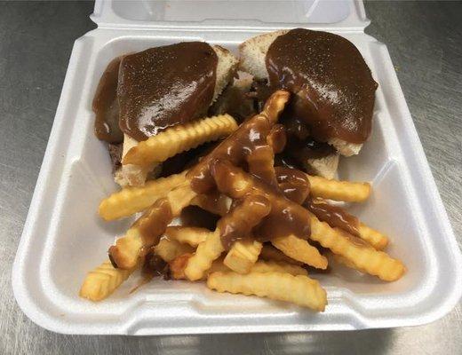 Hot Roast Beef sandwich with gravy and French fries!