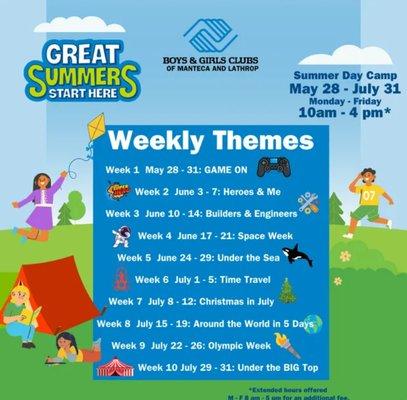 Summer 2024
Day Camp
Weekly themes