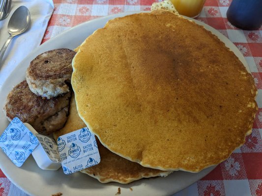 Chocolate chip pancakes with sausage. Huge portion!