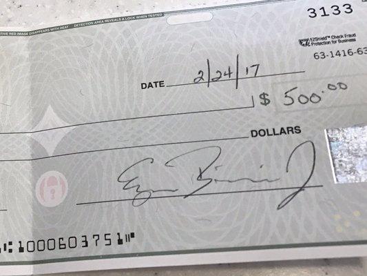 The check after selling the diamond ring