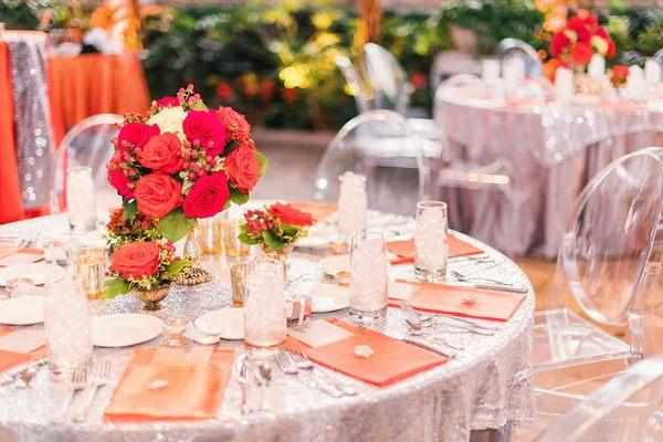 coral and silver modern guest tables