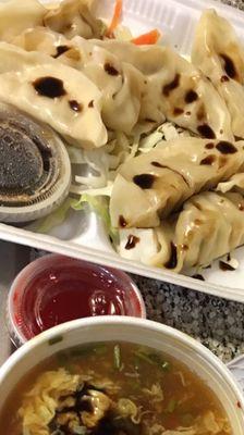 Steamed dumplings hot-sour soup fried rice cream cheese wontons.  All so so good