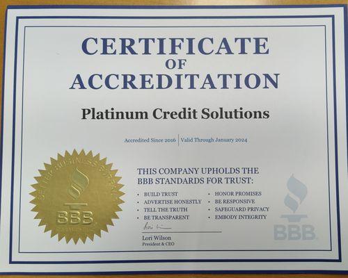 Certificate of Accreditation with the BBB. Proudly standing with an A+ rating.