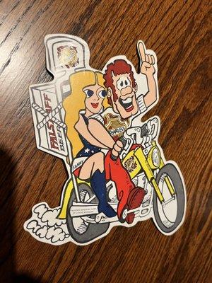 Vintage Falstaff Beer sticker featuring Fannie and Fearless on their chopper!  $15.00