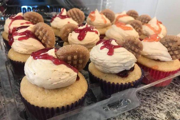 Peanut Butter and Jelly Cupcakes. Your choice of Strawberry or Grape Jelly.